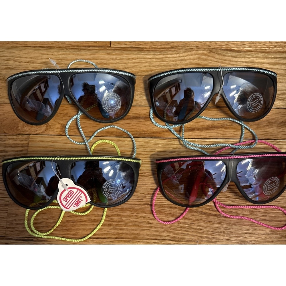 LOT 4 Vintage SPORTY SKI SKATER WRAP AROUND SUNGLASSES w/ Neck Cord 80's NWT